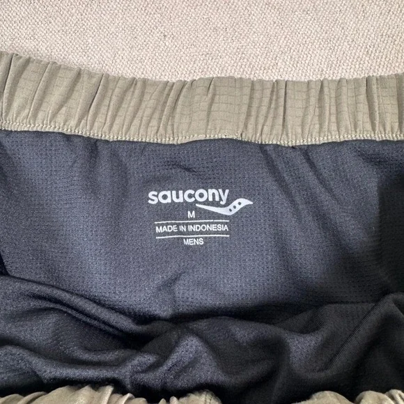 Saucony Running Shorts Mens M Olive Green Neon Yellow Blue Excellent Athletic - Picture 4 of 10